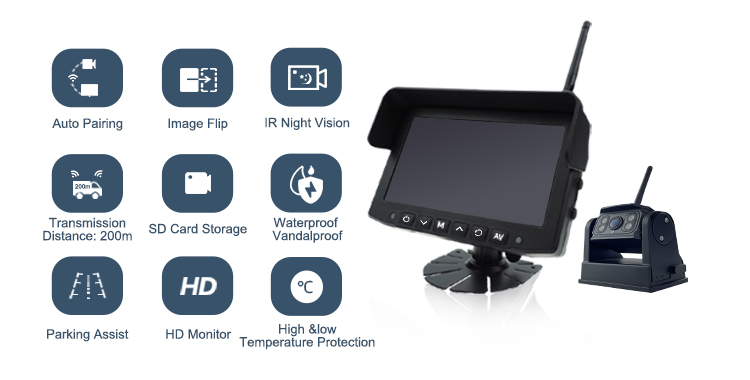 Monitor 1 CH7 modfedd Batri Aildrydanadwy wedi'i Bweru Magnetig RV Tryc Semi Trailer Van System Camera Backup Wireless